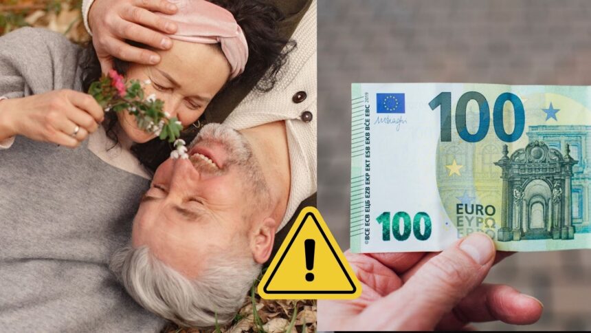 Na fotke je zamilovaný starší pár a vedla nich je euro bankovka v ruke