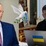 Putin v obleku a Zelensky pred notebookom