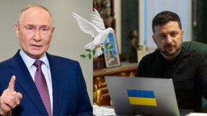 Putin v obleku a Zelensky pred notebookom