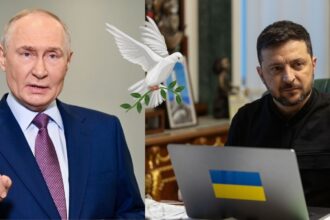 Putin v obleku a Zelensky pred notebookom