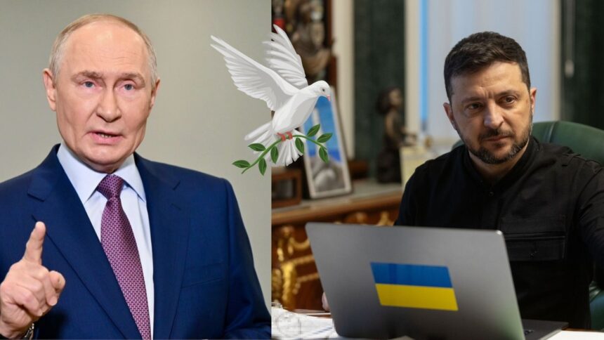 Putin v obleku a Zelensky pred notebookom