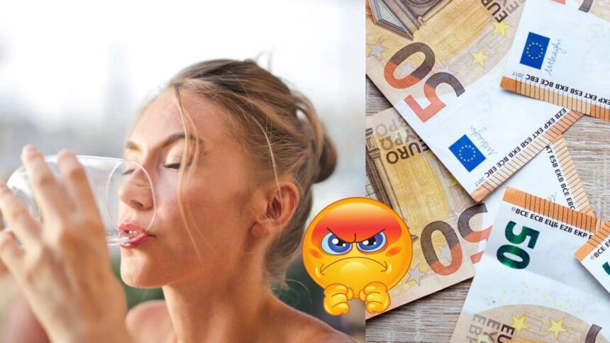 žena pije vodu a vedla nej sú euro bankovky