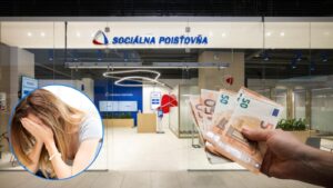 pobocka socialnej poistovne, eurobankovka v ruke, smutna zena