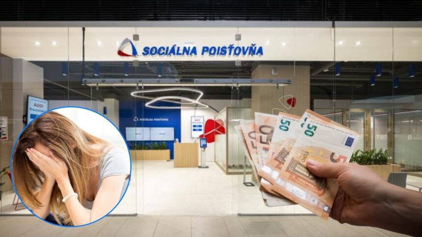 pobocka socialnej poistovne, eurobankovka v ruke, smutna zena