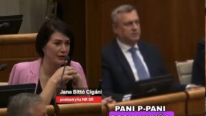Jana Bittó Cigániková vystupuje v parlamente počas rokovania Národnej rady SR.