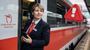 Zamestnankyňa ZSSK stojí pri osobnom vlaku na železničnej stanici počas hromadného prepúšťania v spoločnosti.