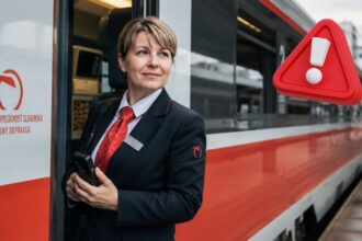 Zamestnankyňa ZSSK stojí pri osobnom vlaku na železničnej stanici počas hromadného prepúšťania v spoločnosti.