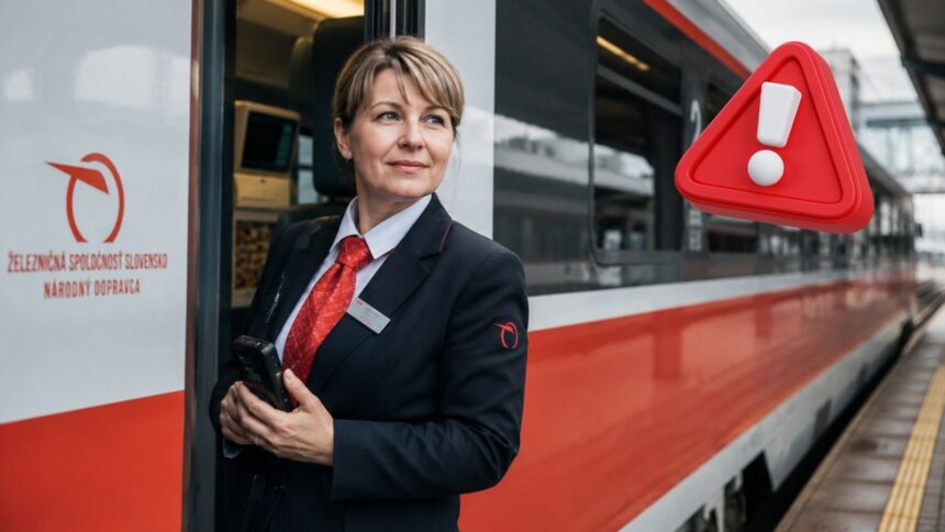 Zamestnankyňa ZSSK stojí pri osobnom vlaku na železničnej stanici počas hromadného prepúšťania v spoločnosti.