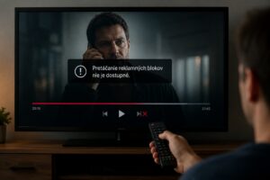 Muž sa snaží pretáčať reklamy pri sledovaní filmu v TV archíve, no pretáčanie reklám je zablokované.