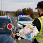Policajt kontroluje vodiča počas cestnej kontroly kvôli prekročeniu rýchlosti