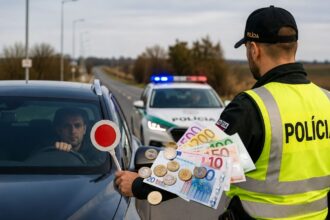Policajt kontroluje vodiča počas cestnej kontroly kvôli prekročeniu rýchlosti