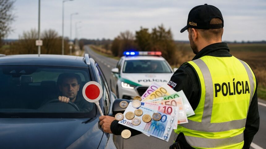Policajt kontroluje vodiča počas cestnej kontroly kvôli prekročeniu rýchlosti